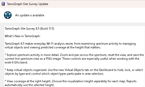TamoGraph Site Survey 8.5 (Build 313) の更新内容